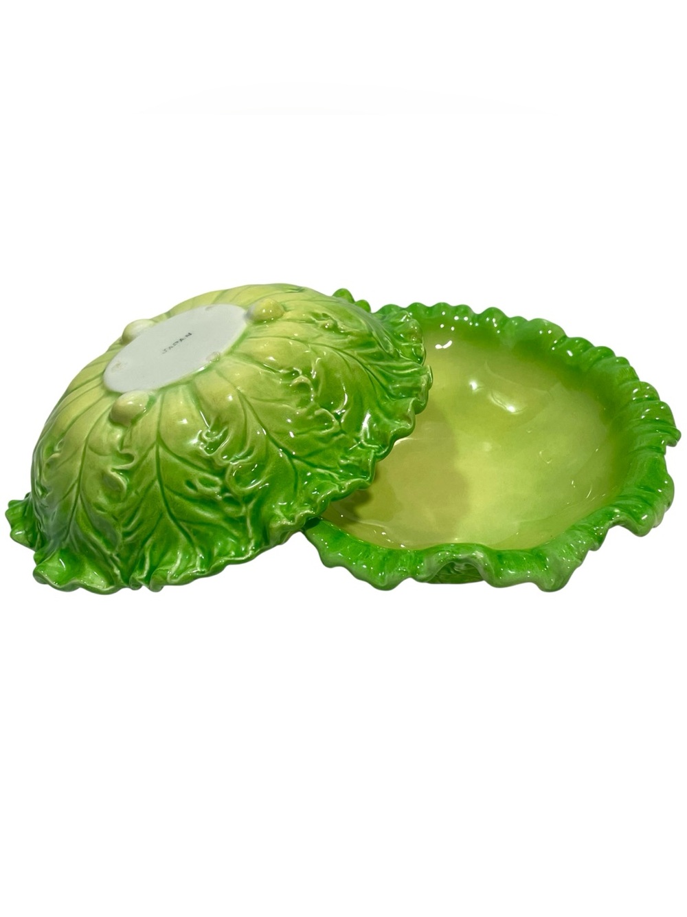 Vintage 1950s Seyei Japan Majolica Green Lettuce Leaf Salad Bowls - Mid-Century